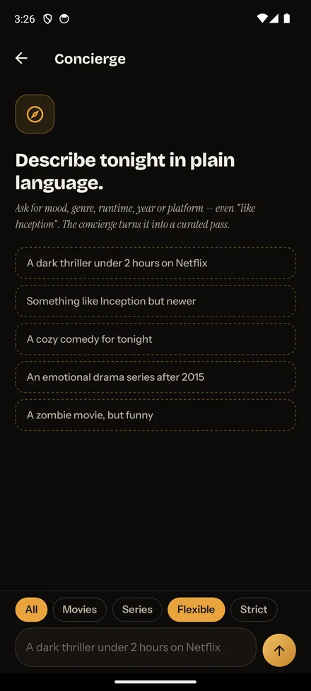 MovieRat Concierge screen: describe your evening in plain language