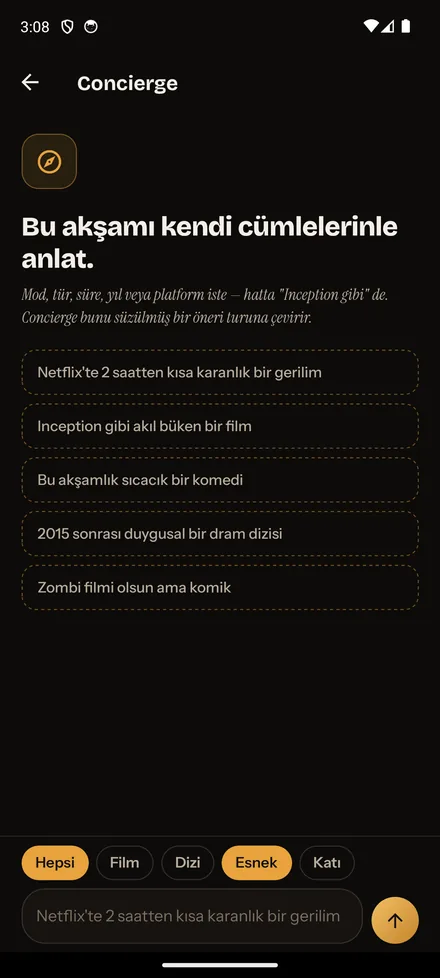 MovieRat Concierge ekranı: akşamını kendi cümlelerinle anlat