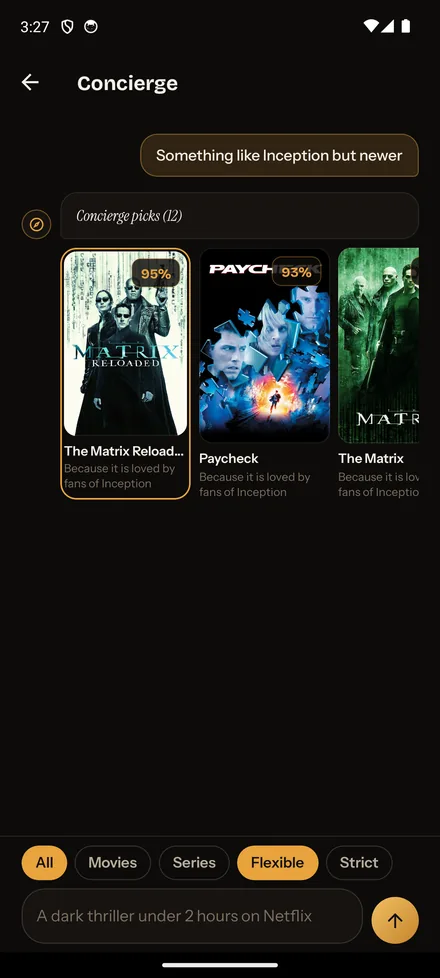 MovieRat results for 'a movie like Inception': similar films with clear why-this explanations