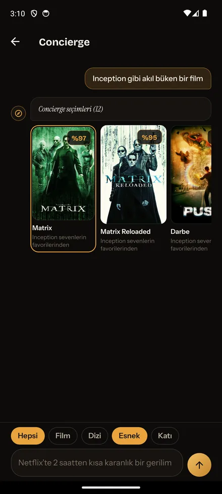 MovieRat uygulamasında 'Inception gibi akıl büken bir film' aramasının sonuçları: benzer filmler ve Türkçe öneri gerekçeleri